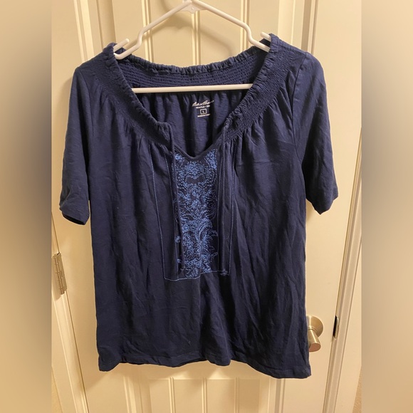 Eddie Bauer L Top Blue Large Blouse Tie Front Embroidered Lg Shirt 100 Cotton - Picture 1 of 7